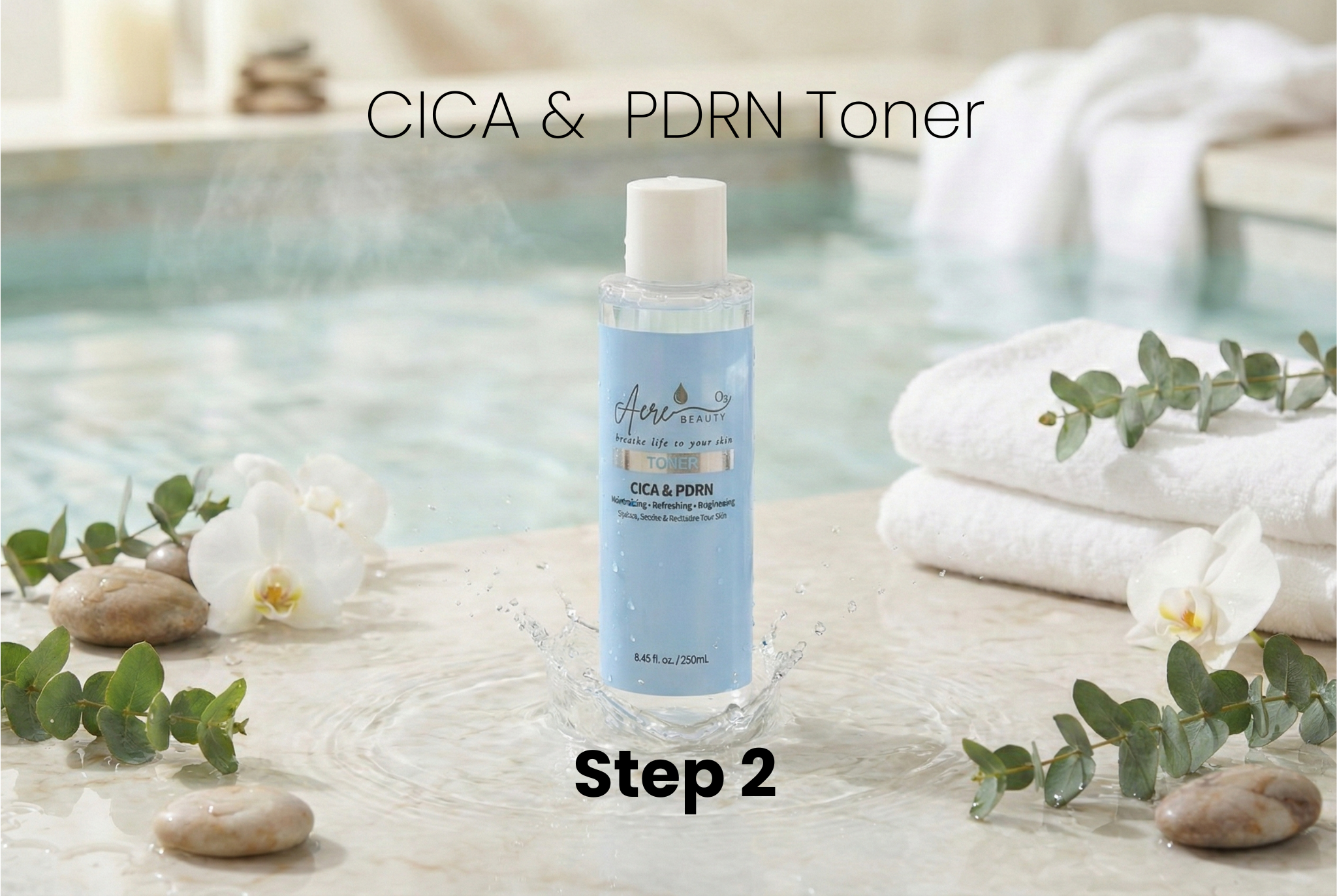 CICA & PDRN Toner bottle with step 2 text on a serene background with flowers and towels.