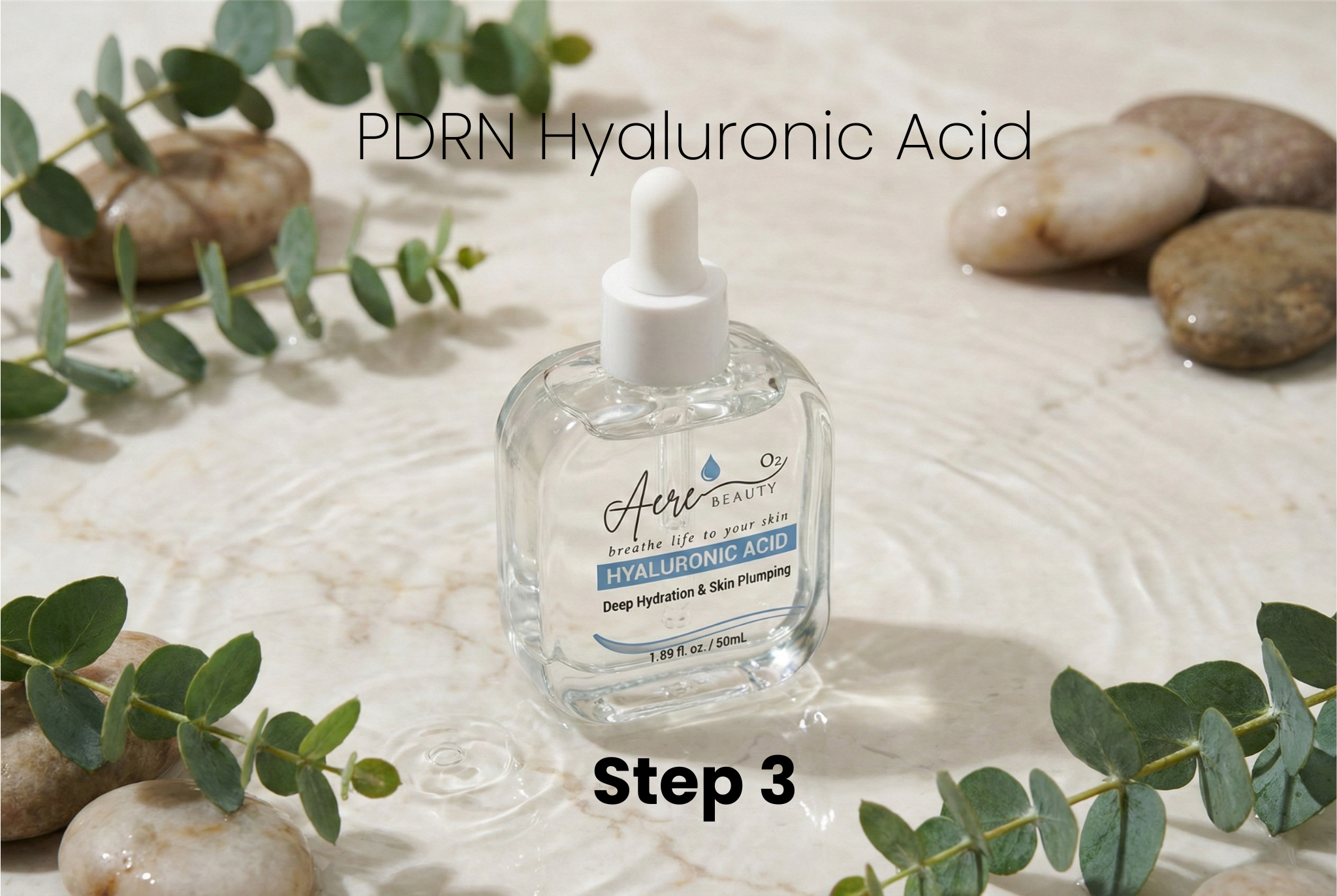 A bottle of Acure Hyaluronic Acid serum on a natural stone surface with eucalyptus leaves.