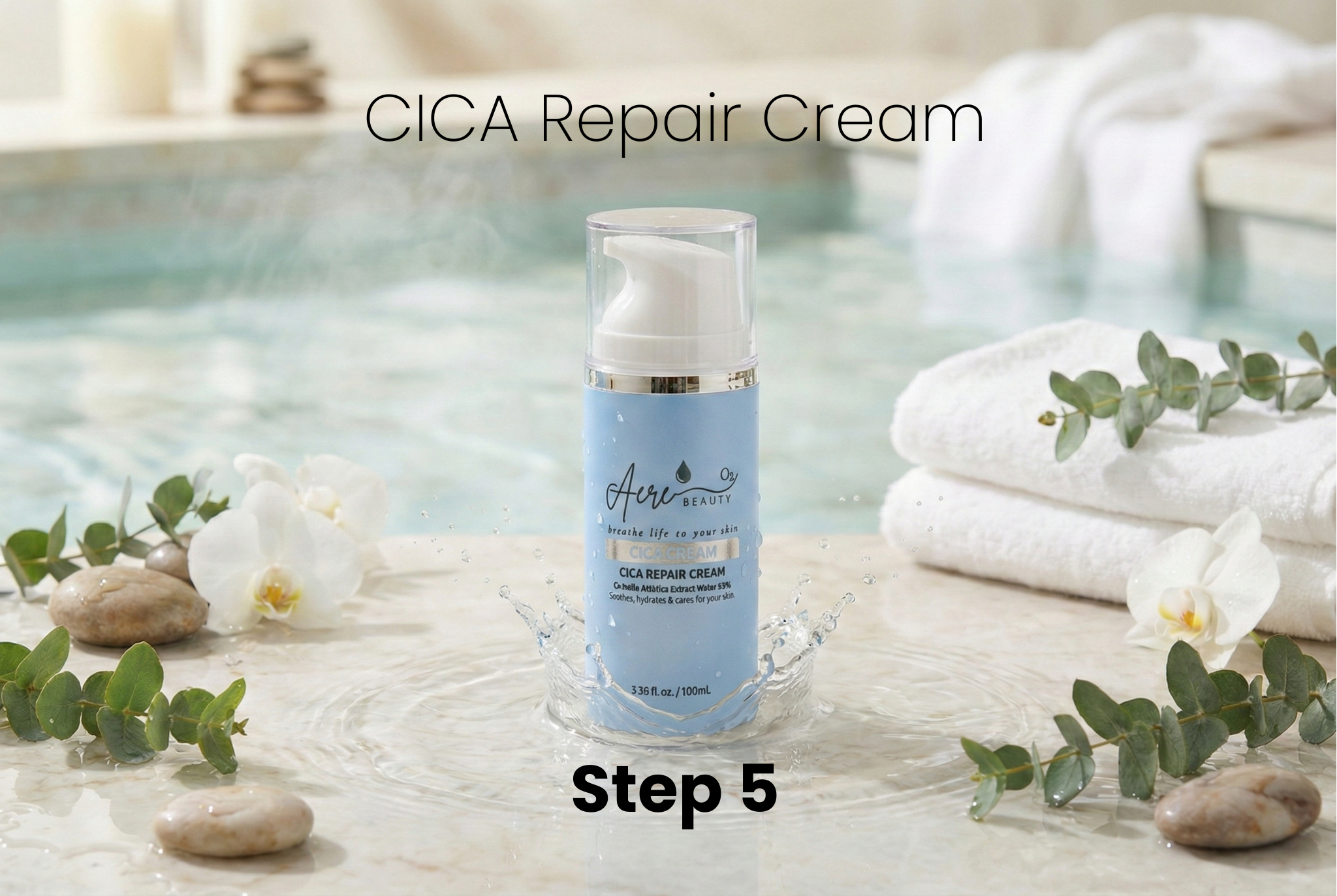 CICA Repair Cream bottle with spa setting, towels, and flowers.
