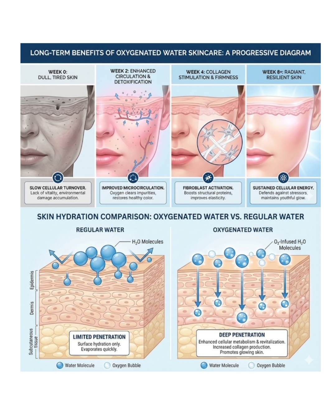 Diagram showing the long-term benefits of oxygenated water skincare with skin hydration comparison.