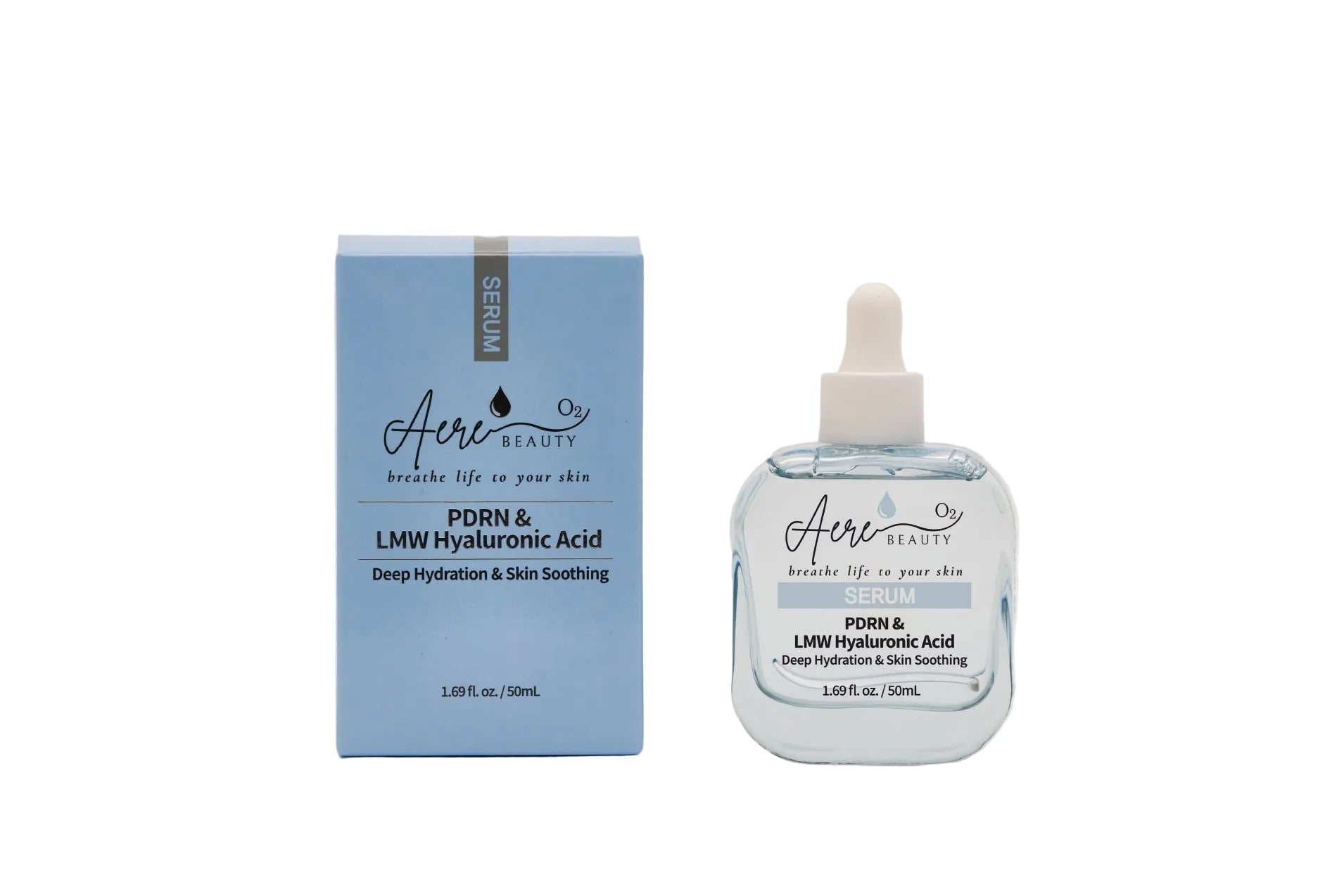 AERE Beauty PDRN & LMW Hyaluronic Acid skincare product packaging on a light gray background